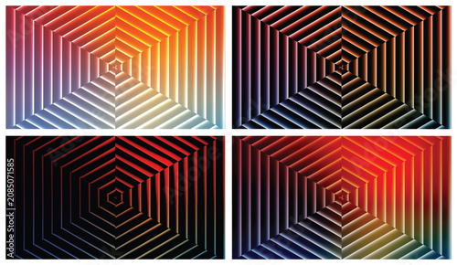 Obraz na plátně Set of 4 warm fiery abstract geometric 3D converging lines backgrounds