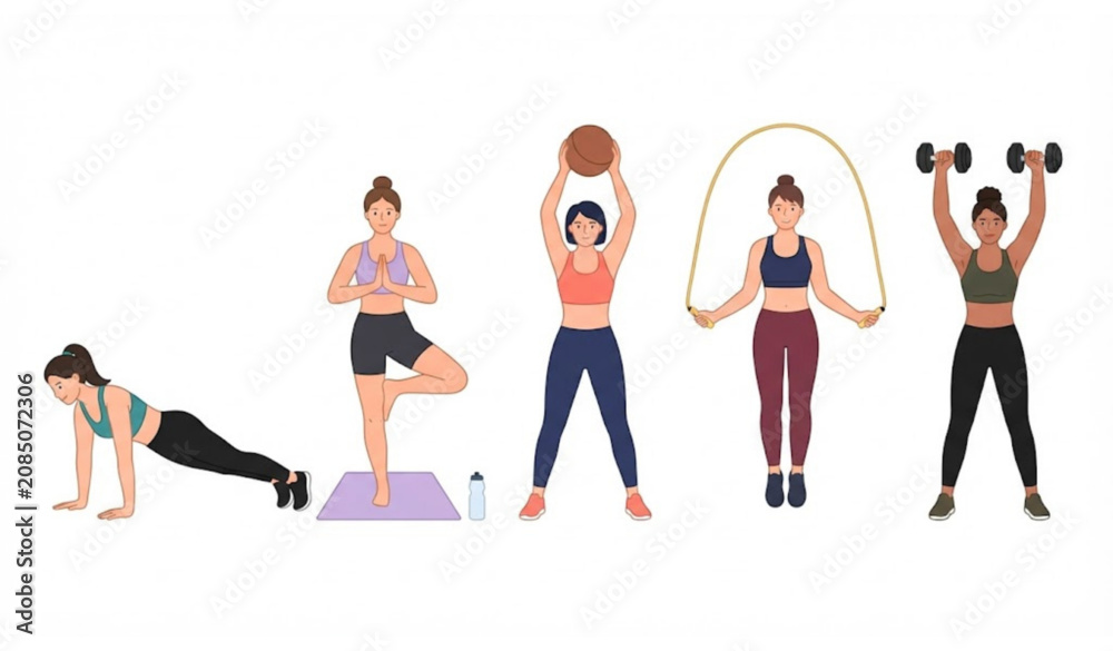 Fototapeta premium Group of athletic women performing fitness exercises isolated on white background flat vector illustration
