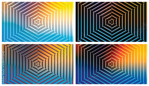 Fényképezés Four distinct multicolored neon 3D geometric hexagon optical backgrounds