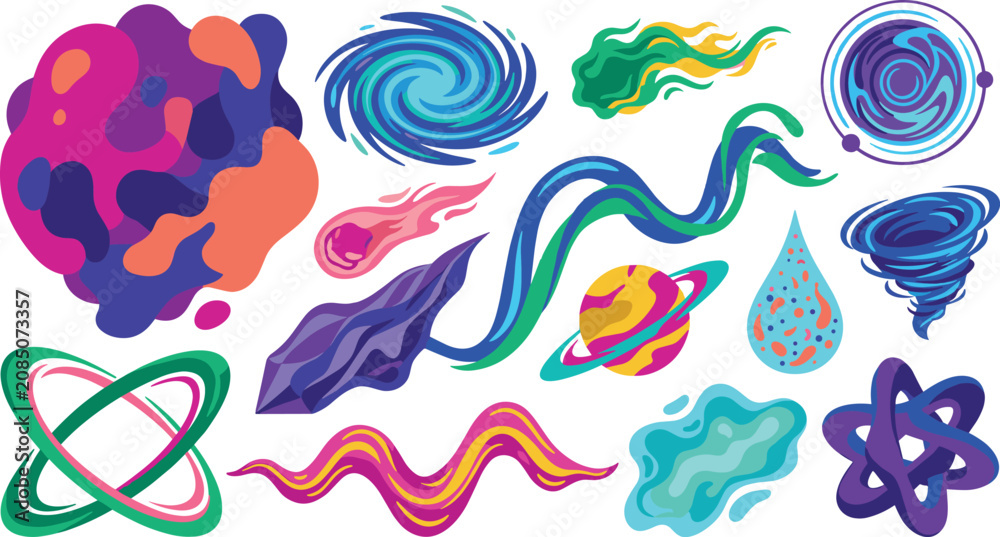 Fototapeta premium Abstract cosmic space vector illustration set featuring colorful planets swirl galaxies and nebula elements for futuristic branding and poster design graphics