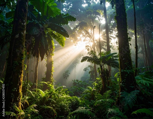 Dark rainforest, sun rays through the trees, rich jungle greenery. Atmospheric fantasy forest. 3D illustration.