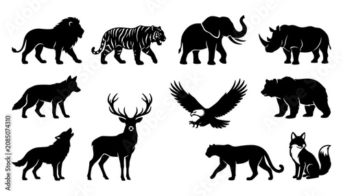 Canvas Print Animals Silhouettes Set with Tiger Lion Elephant Zebra Wolf Eagle Deer and Dog I