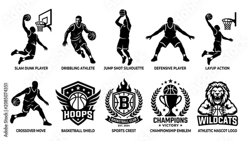 Tableau sur toile Basketball Sports Logos Collection with Player Silhouettes, Shields, Emblems, an