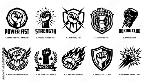 Foto Boxing Fist Emblem Set with Flexing Muscle Icon Badges, Lightning and Shield Des