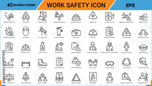 Work safety icon set featuring 45 linear symbols for industrial health and hazard prevention.