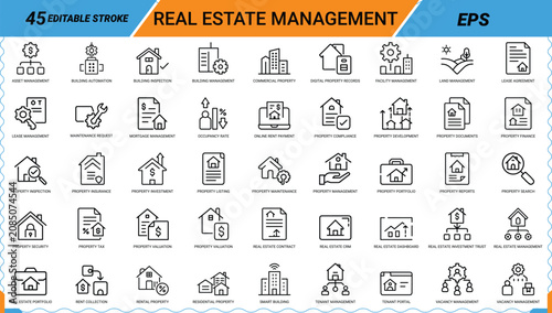Real estate management icon set of 45 linear symbols for property development and contracts.