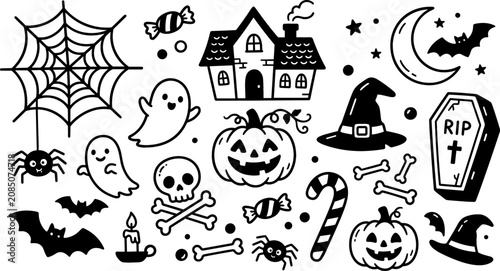 Cute Halloween Doodle Vector Set with Hand Drawn Ghosts, Jack O Lantern Pumpkins, Haunted House, Witch Hat, and Spooky Decorative Elements for Holiday Cards