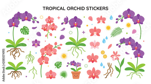 Foto Colorful Tropical Orchid Flower Stickers.