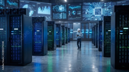 Engineer inspecting modern data center server infrastructure with digital tablet for cloud computing and artificial intelligence operations in high tech facility