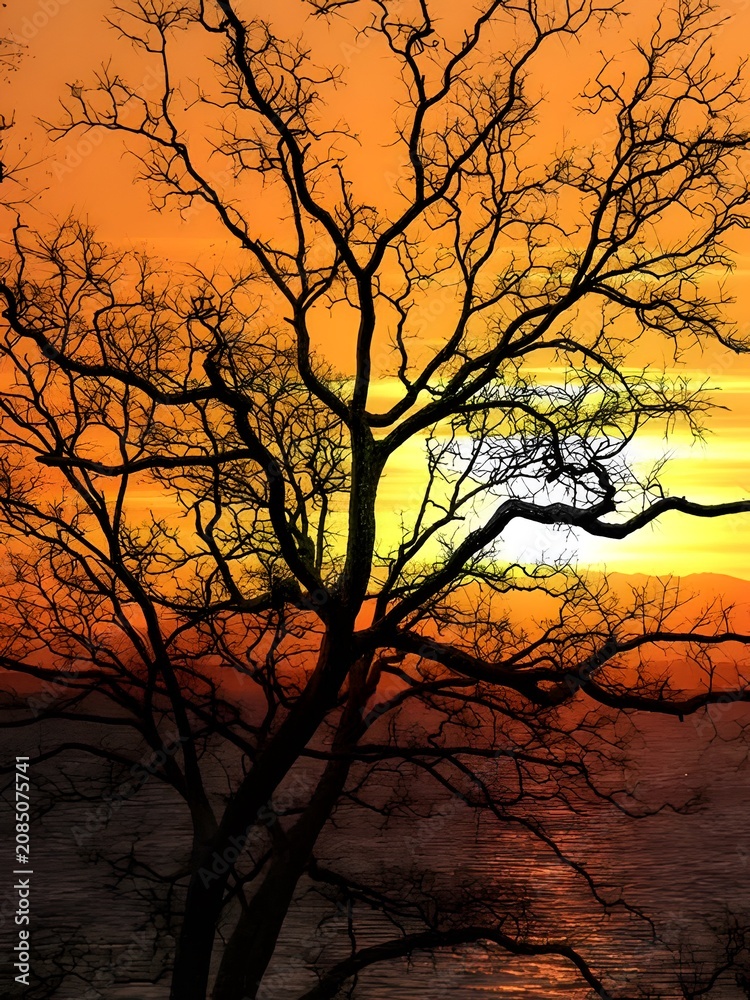 Obraz premium Bare tree silhouette against a vibrant orange and yellow sunset over water