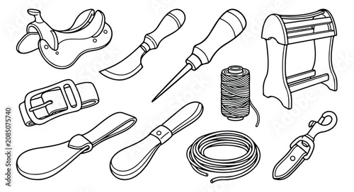 Fotografie Leathercraft tools and supplies vector collection, essential leather working equ