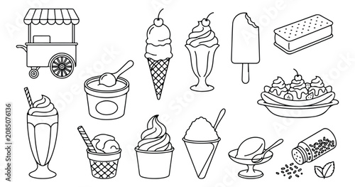 Konstfotografi Ice cream parlor line art vector collection, sweet dessert shop elements, frozen
