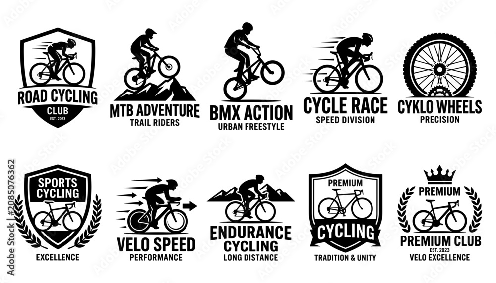 Obraz premium Cycling Logos Set with Bmx, Road, Trail, and Velo Labels in Vector Badges Style for Sports Branding Featuring Logo, Badge, Emblem