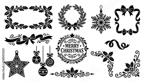 Obraz na płótnie Christmas Ornamental Badges and Frames Set with Snowflakes, Wreaths, Ribbon Swir