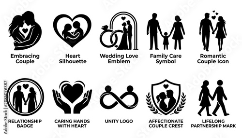 Fotografía Embracing Couple Icons and Symbols Representing Love and Relationships Featuring