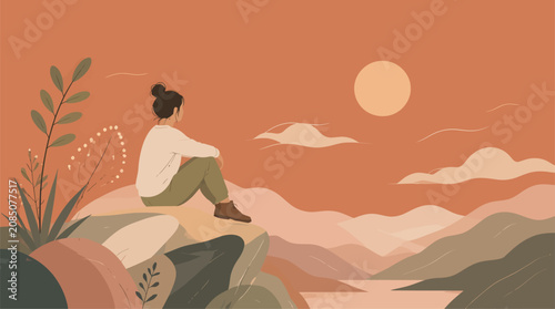 Tableau sur toile Woman sitting on cliff edge contemplating vast landscape during sunset, peaceful contemplation, serene nature view, inspirational journey, artistic