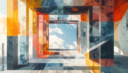 Abstract architectural tunnel with sky view, vibrant colors and geometric shapes.
