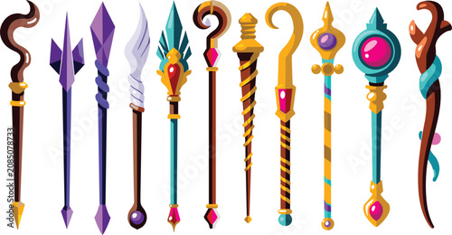 Obraz na plátně Magic wands and sorcerer staffs collection with colorful fantasy wizard scepters
