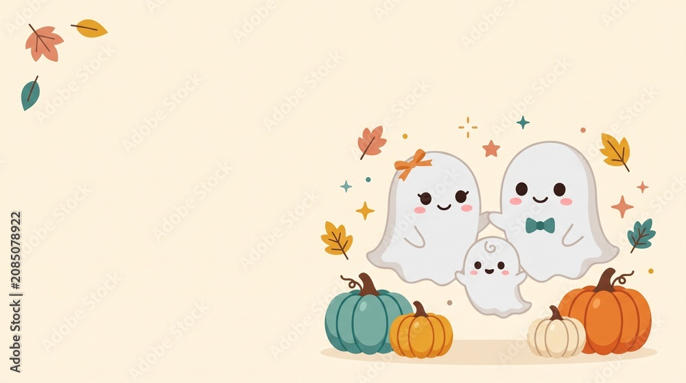 Naklejka premium Cute Kawaii Ghost Family with Pumpkins Autumn Halloween Background