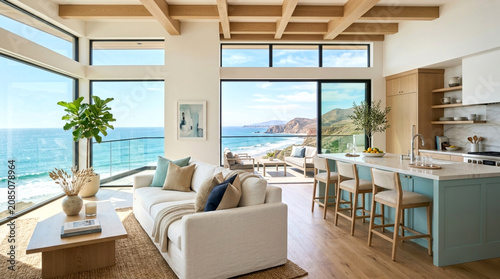 Bright modern kitchen and living area with panoramic ocean view beach house