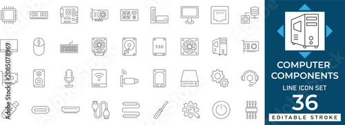 Fotografía Computer component line icon set featuring hardware parts, processor, ram, motherboard, and graphics card