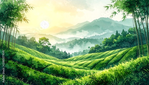 Elegant watercolor tea plantation landscape surrounded by bamboo with layered green terraces, peaceful Asian scenery