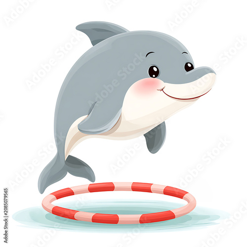 Cheerful cartoon dolphin jumping through a hoop on a white background, perfect for aquatic-themed games, children's illustrations, educational content, and playful designs.