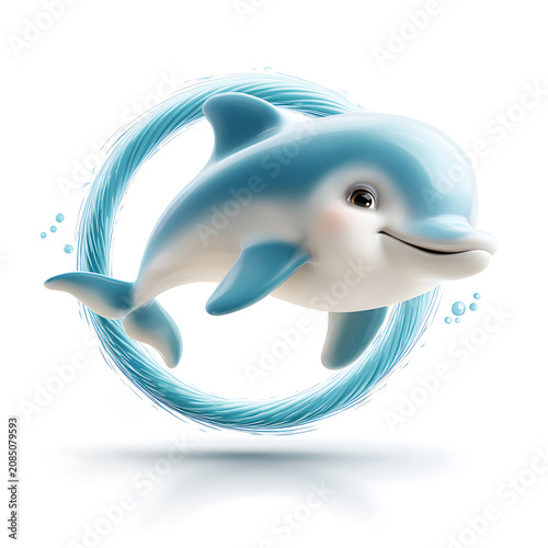 Cheerful cartoon dolphin jumping through a hoop on a white background, perfect for aquatic-themed games, children's illustrations, educational content, and playful designs.