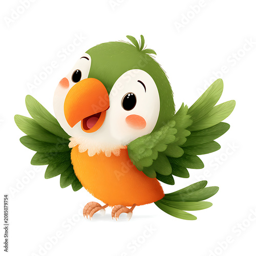 Colorful cartoon parrot with outstretched wings on a white background, ideal for tropical nursery decor, children's illustrations, educational projects, and fun printables.