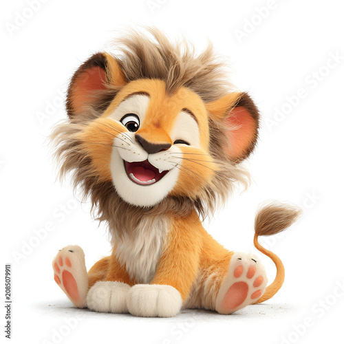 Smiling cartoon lion cub with a fluffy mane and playful pose on a white background, perfect for children's books, nursery decor, educational projects, and wall art.
