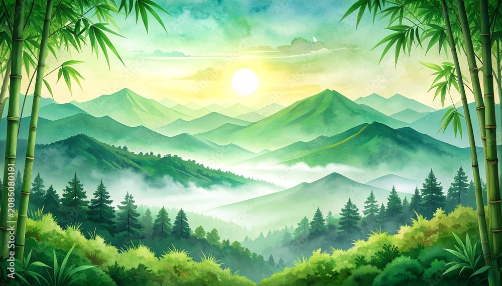 Fototapeta premium Ultra-premium Japanese watercolor landscape featuring elegant bamboo framing layered mountains, sophisticated Asian art