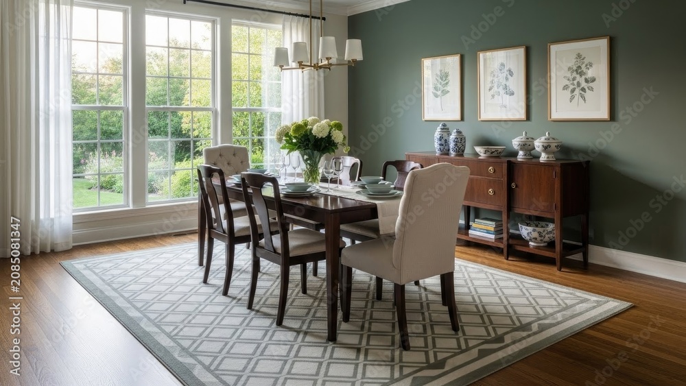 Fototapeta premium Dining room with dark wood table, green walls, floral art, & patterned rug