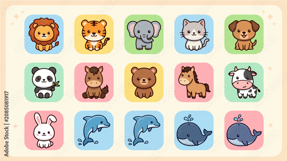 Obraz premium Cute cartoon animal avatar icon set featuring kawaii style lion, tiger, elephant, panda, and marine life characters on colorful square backgrounds