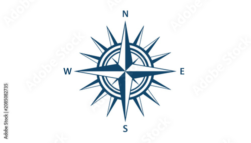 Detailed nautical compass rose showing the cardinal directions North, South, East, and West in a dark navy blue color.