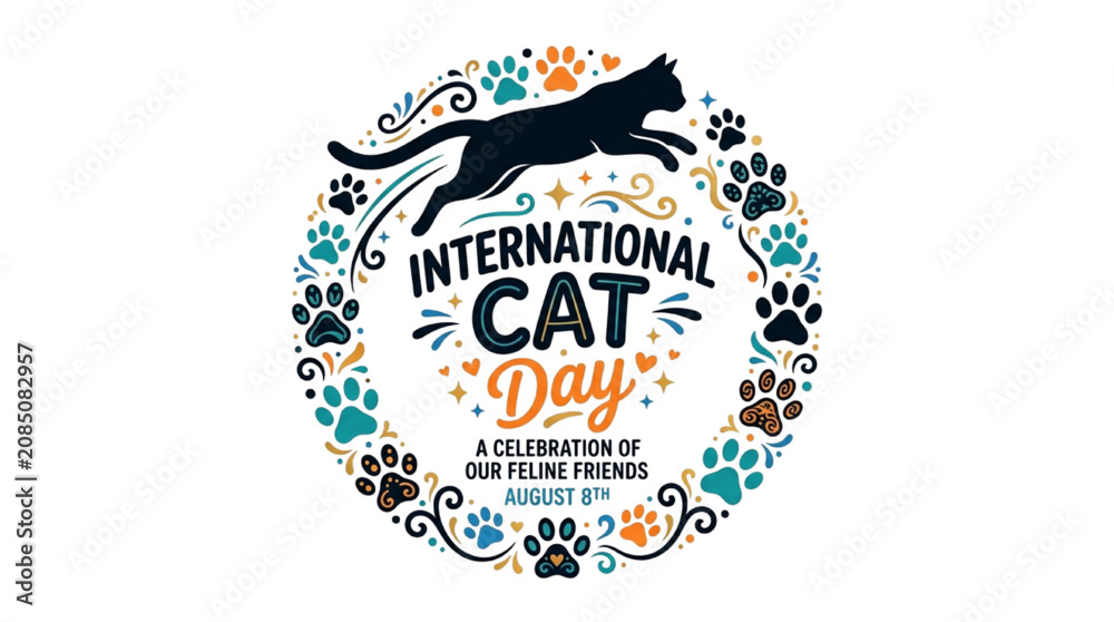 Naklejka premium International Cat Day Floral Paw Wreath Cat Celebration Vector Illustration