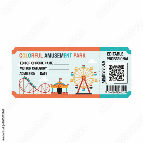 Colorful Amusement Park Admission Ticket Template with QR Code and Vector Illustration