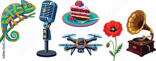 Bild auf Leinwand Multipurpose Vector Icon Bundle Featuring Colorful Chameleon Vintage Microphone