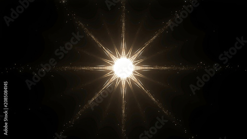 Golden Glowing Star Light Flare with Sparkling Rays on Black Background
