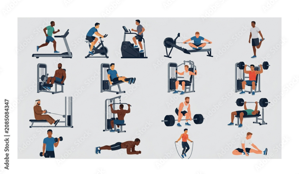 Fototapeta premium Male Gym Exercises Collection Cardio Strength Training Vector Illustration