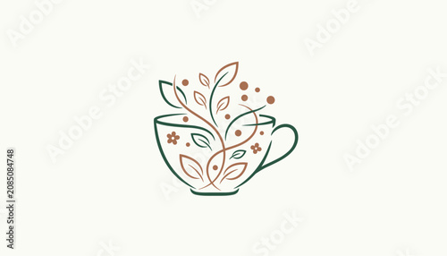 Minimalist logo design of a green tea cup with stylized branches and leaves growing out of it to represent natural organic beverages.