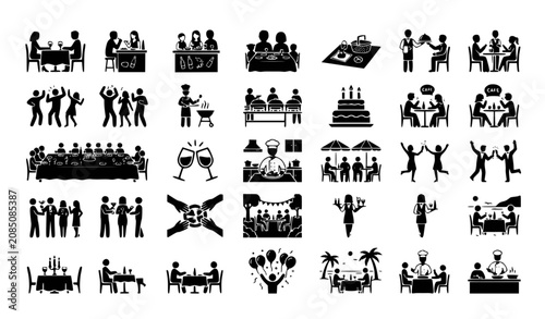Social Gatherings and Dining Black Silhouette Vector Icon Set