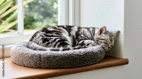 Beautiful silver bengal kitten sleeping peacefully on a soft gray round pet bed near a window inside a bright minimal modern cozy home interior