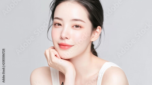 elegant young East Asian woman with perfect glowing healthy skin smiling while resting her chin on hand isolated on clean bright gray background
