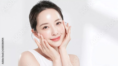 young Asian woman smiling gently while framing her flawless glowing healthy face with both hands for skincare beauty cosmetics treatment concept