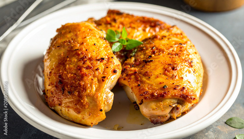 Roasted chicken breast fillets served on white ceramic plate with culinary delicious nutrition