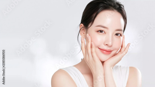 young Asian woman smiling gently while framing her flawless glowing healthy face with both hands for skincare beauty cosmetics treatment concept