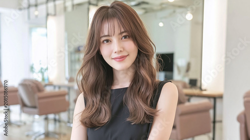 young Asian woman with wavy long brown dyed hair and bangs smiling confidently inside a modern bright professional beauty hair salon interior