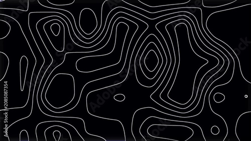Abstract bright outline topographic contour map animated on black background. Moving irregularly shining line background. Smooth wave motion and moving terrain lines. Minimalism wavy lines animated.