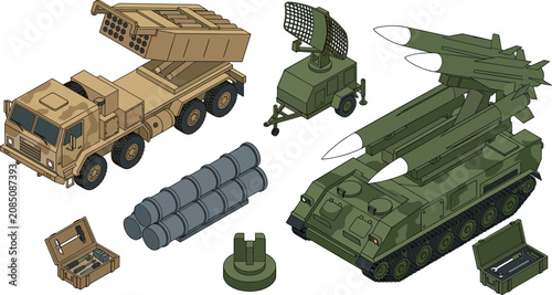 Foto Isometric Military Vehicle and Air Defense Vector Set Featuring Multiple Rocket