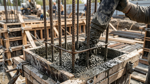Pouring concrete into a rebar foundation on a construction site